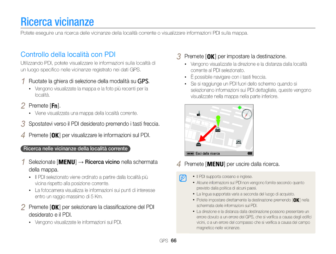 Samsung EC-WB850FDDBME Ricerca vicinanze, Controllo della località con PDI, Della mappa, Premete per uscire dalla ricerca 