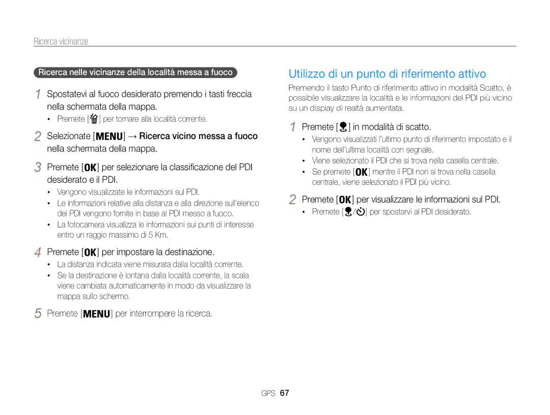 Samsung EC-WB850FBPBE1, EC-WB850FDDBME Utilizzo di un punto di riferimento attivo, Ricerca vicinanze, Desiderato e il PDI 