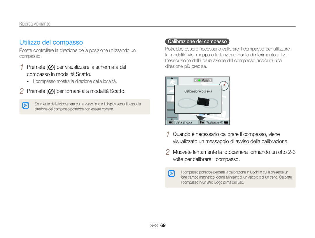 Samsung EC-WB850FBPBE1, EC-WB850FDDBME manual Utilizzo del compasso, Calibrazione del compasso  