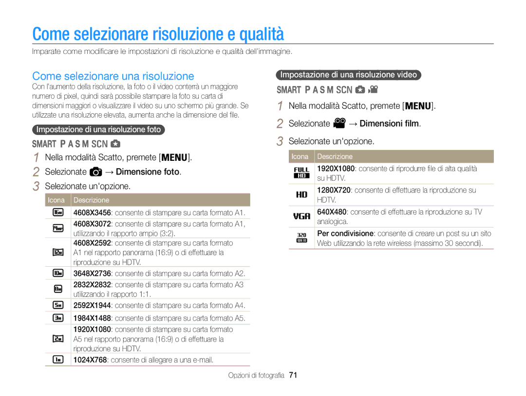 Samsung EC-WB850FBPBE1 Come selezionare risoluzione e qualità, Come selezionare una risoluzione, Opzioni di fotografia 