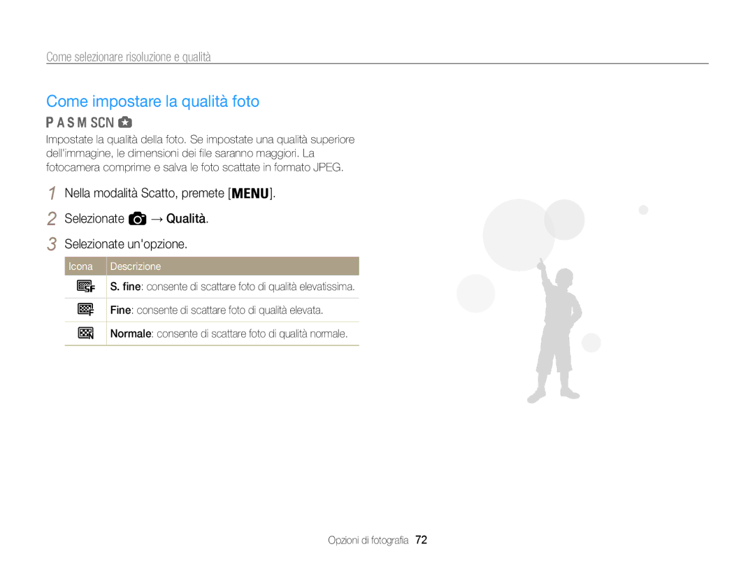 Samsung EC-WB850FDDBME, EC-WB850FBPBE1 manual Come impostare la qualità foto, Come selezionare risoluzione e qualità 