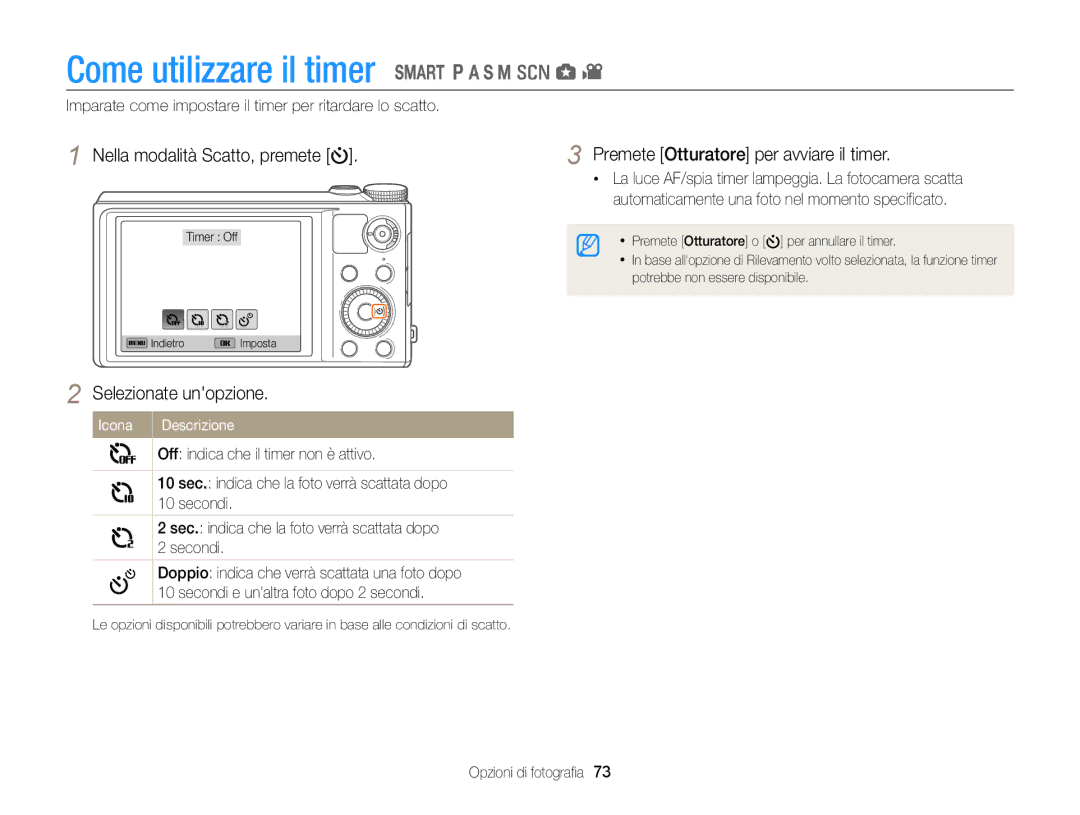 Samsung EC-WB850FBPBE1 Come utilizzare il timer, Nella modalità Scatto, premete, Premete Otturatore per avviare il timer 