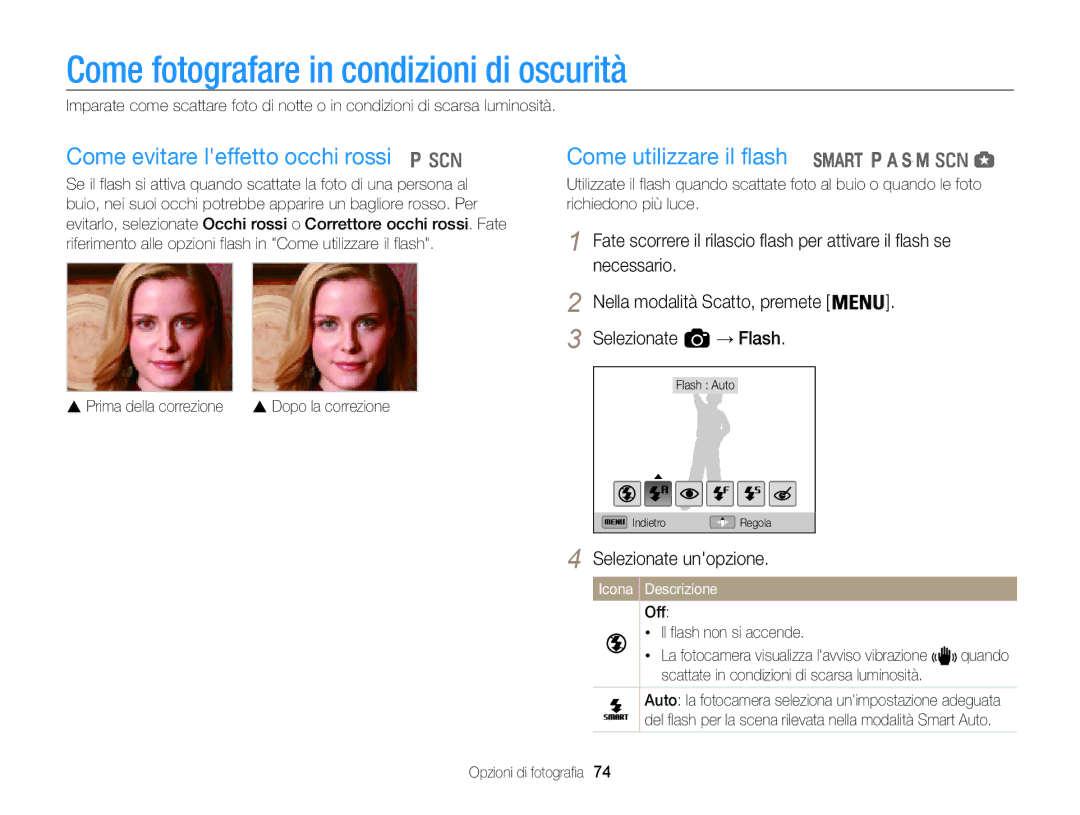 Samsung EC-WB850FDDBME, EC-WB850FBPBE1 manual Come fotografare in condizioni di oscurità, Come evitare leffetto occhi rossi 