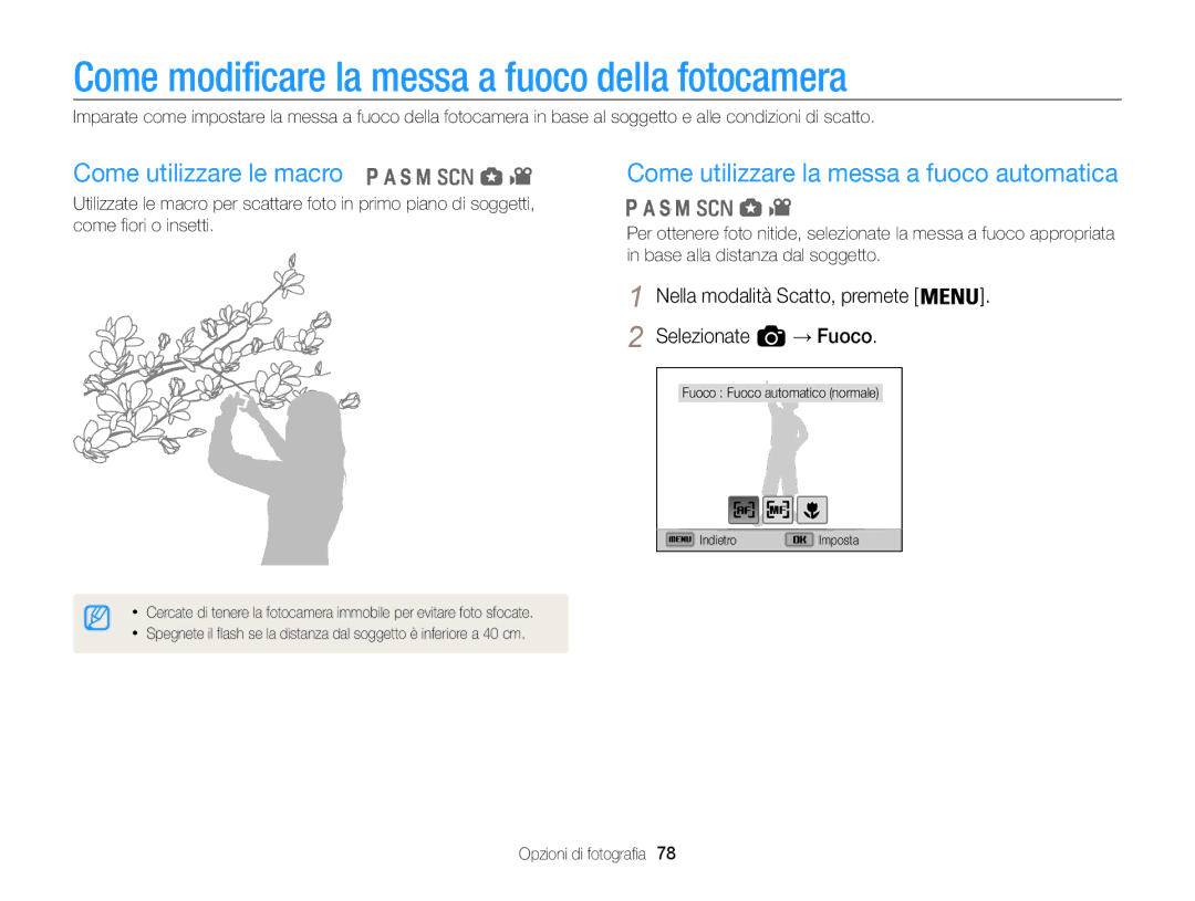 Samsung EC-WB850FDDBME, EC-WB850FBPBE1 manual Come modificare la messa a fuoco della fotocamera, Come utilizzare le macro 