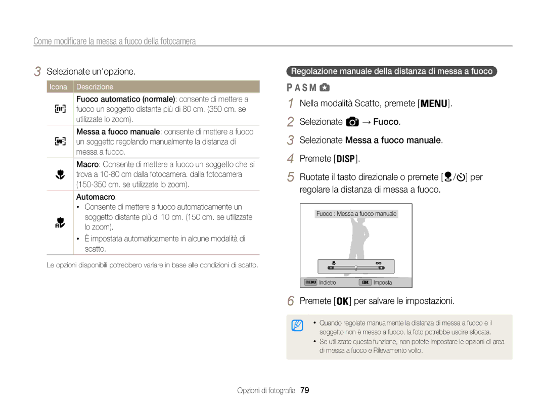 Samsung EC-WB850FBPBE1 manual Come modificare la messa a fuoco della fotocamera, Regolare la distanza di messa a fuoco 