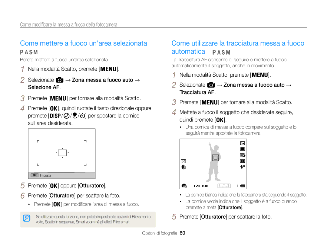 Samsung EC-WB850FDDBME Come mettere a fuoco unarea selezionata, Come utilizzare la tracciatura messa a fuoco automatica 