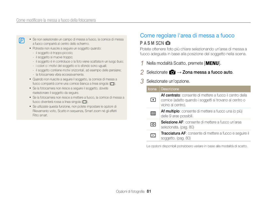 Samsung EC-WB850FBPBE1, EC-WB850FDDBME manual Come regolare larea di messa a fuoco 