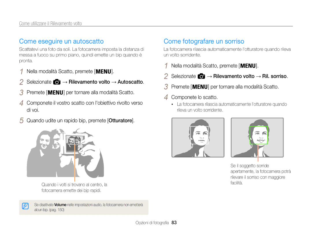 Samsung EC-WB850FBPBE1 Come eseguire un autoscatto, Come fotografare un sorriso, Come utilizzare il Rilevamento volto 