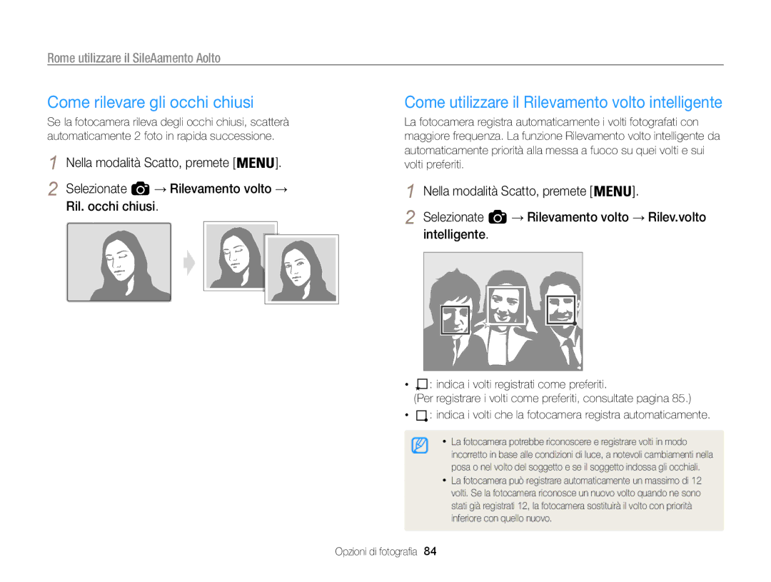 Samsung EC-WB850FDDBME, EC-WB850FBPBE1 Come rilevare gli occhi chiusi, Come utilizzare il Rilevamento volto intelligente 