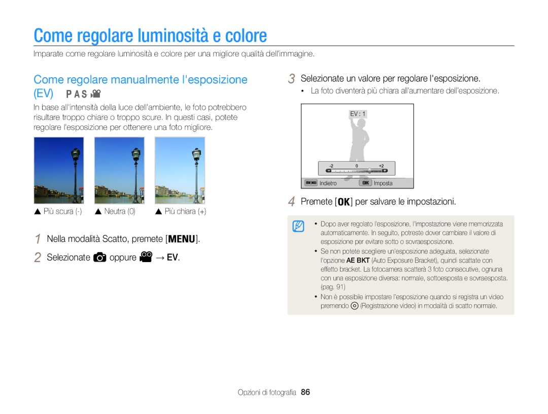 Samsung EC-WB850FDDBME Come regolare luminosità e colore, Come regolare manualmente lesposizione EV,  Neutra 