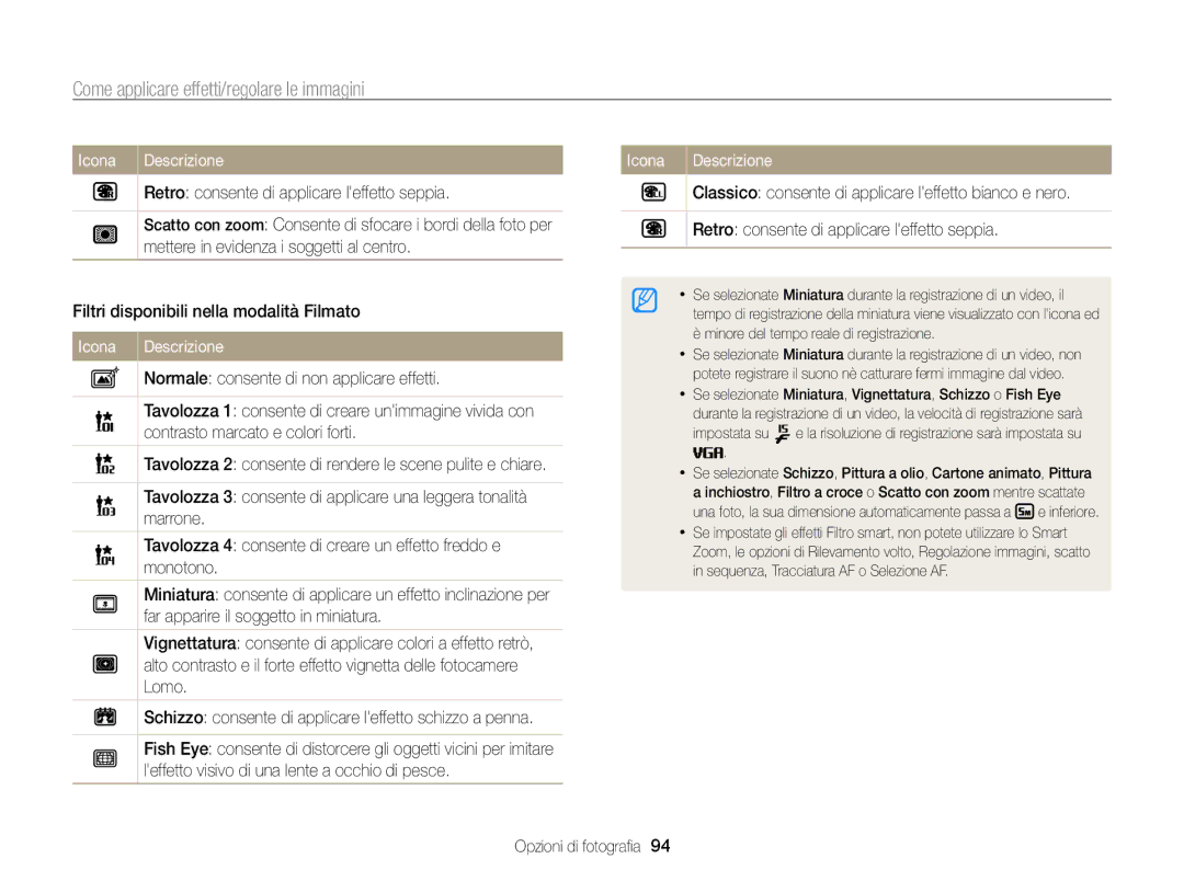 Samsung EC-WB850FDDBME, EC-WB850FBPBE1 manual Come applicare effetti/regolare le immagini 