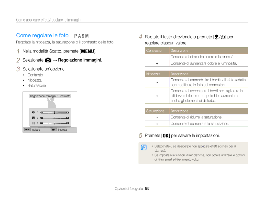 Samsung EC-WB850FBPBE1, EC-WB850FDDBME manual Come regolare le foto, Contrasto Nitidezza Saturazione, Contrasto Descrizione 