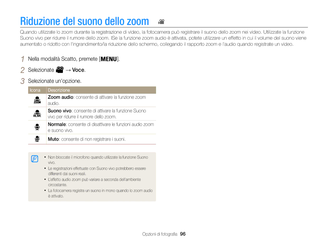 Samsung EC-WB850FDDBME, EC-WB850FBPBE1 manual Riduzione del suono dello zoom 
