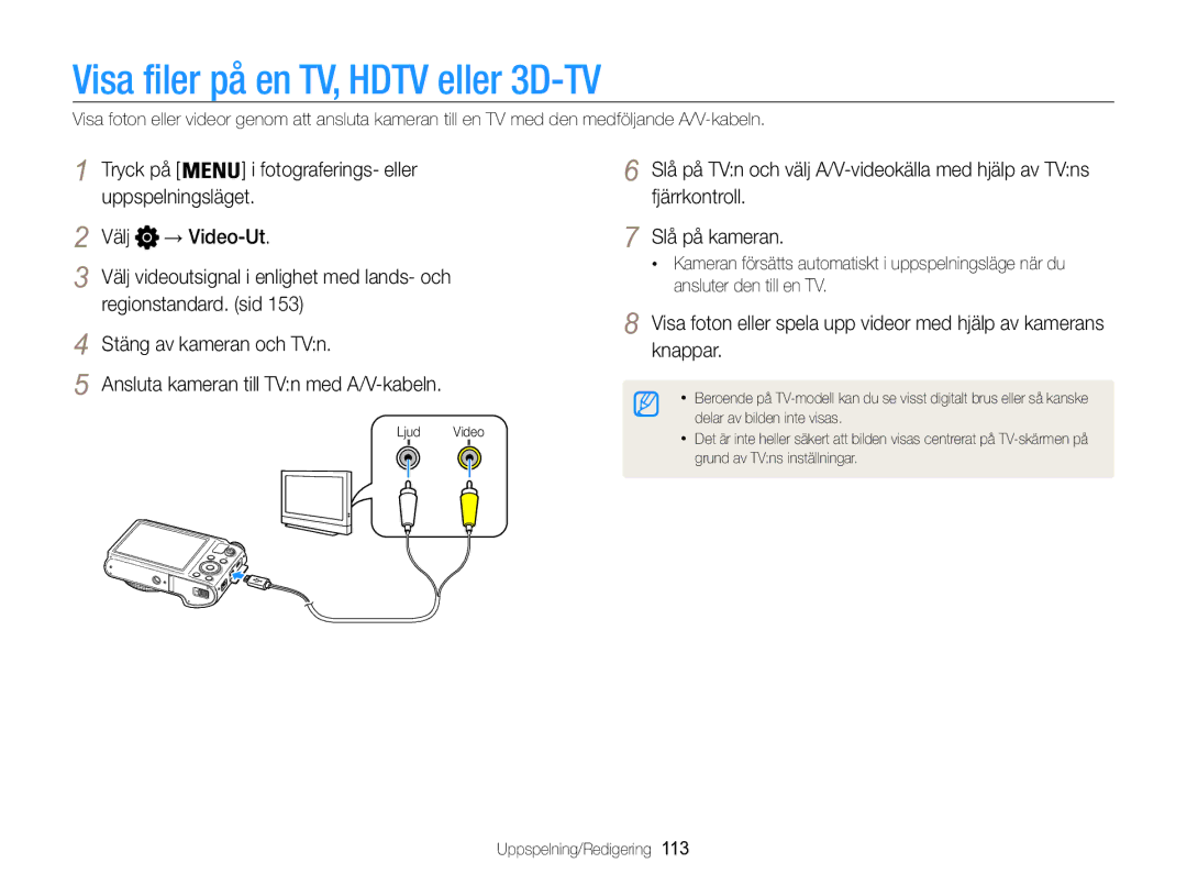 Samsung EC-WB850FBPBE2 manual Visa filer på en TV, Hdtv eller 3D-TV, Regionstandard. sid Stäng av kameran och TVn 