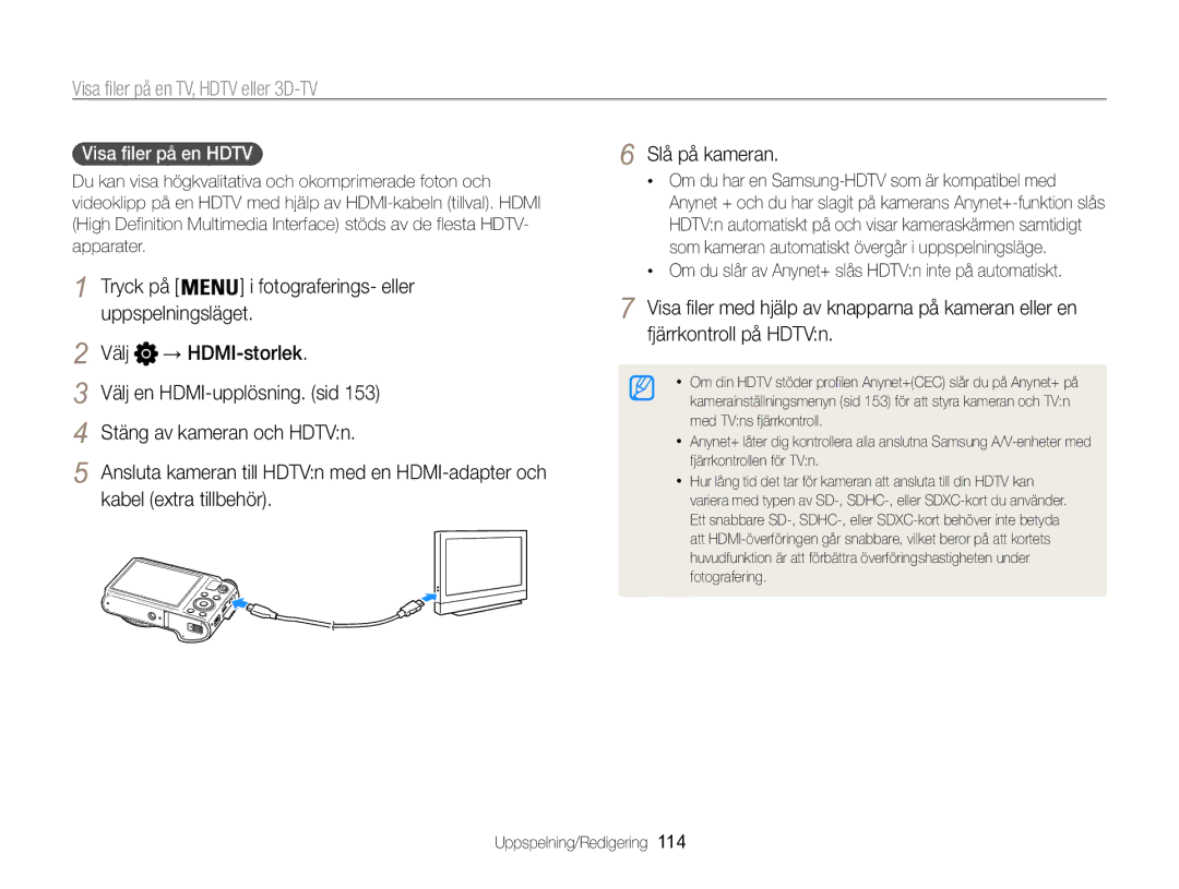 Samsung EC-WB850FBPBE2 manual Visa filer på en TV, Hdtv eller 3D-TV, Kabel extra tillbehör, Slå på kameran 