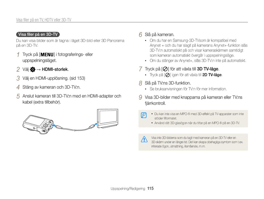 Samsung EC-WB850FBPBE2 Slå på TVns 3D-funktion, Visa filer på en 3D-TV , Se bruksanvisningen för TVn för mer information 