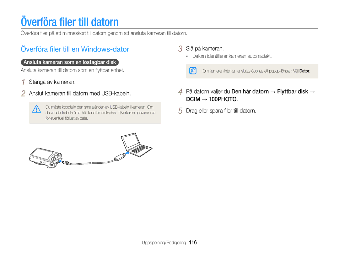 Samsung EC-WB850FBPBE2 manual Överföra filer till datorn, Överföra filer till en Windows-dator 