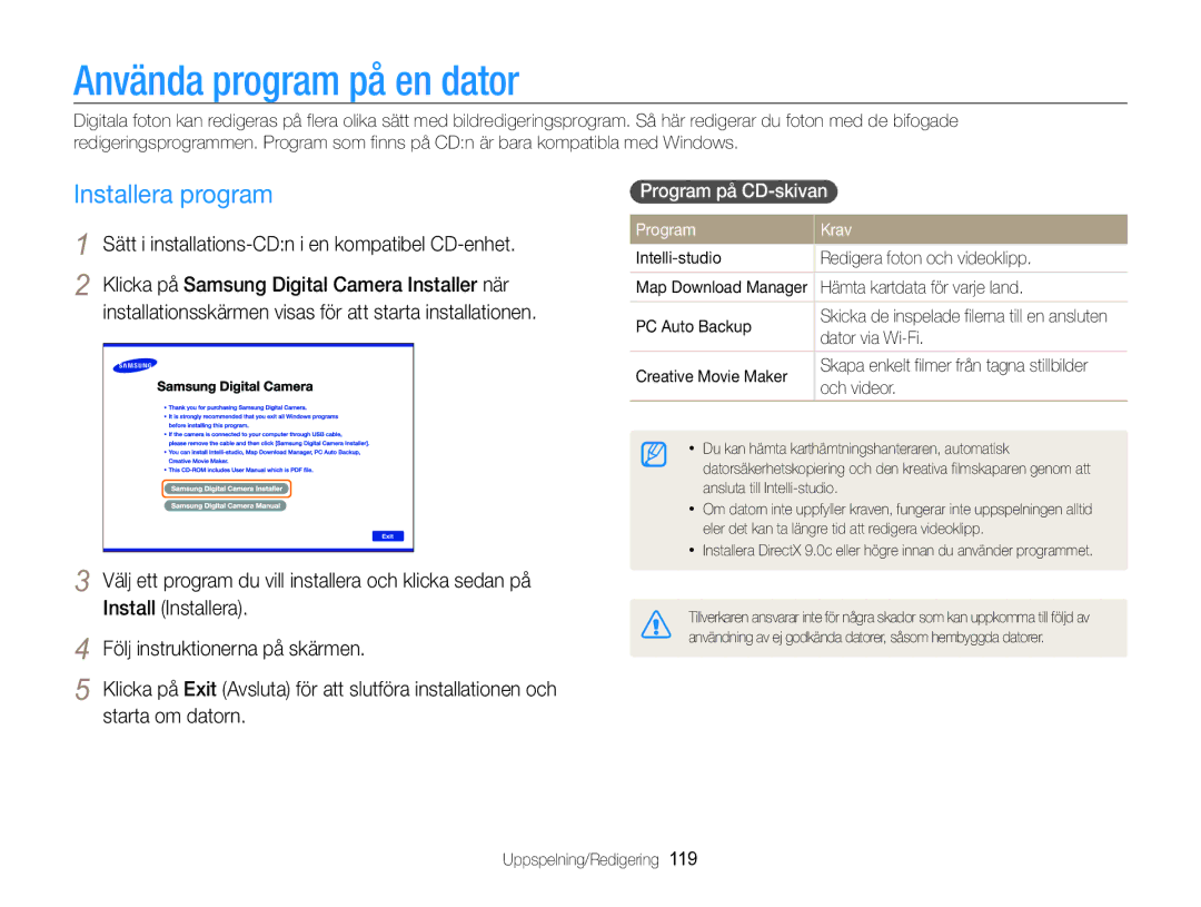 Samsung EC-WB850FBPBE2 Använda program på en dator, Installera program, Sätt i installations-CDn i en kompatibel CD-enhet 