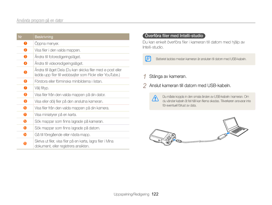 Samsung EC-WB850FBPBE2 Stänga av kameran Anslut kameran till datorn med USB-kabeln, Överföra filer med Intelli-studio 