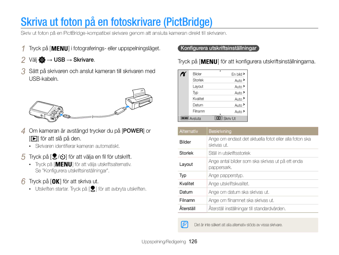 Samsung EC-WB850FBPBE2 Skriva ut foton på en fotoskrivare PictBridge, Välj → USB → Skrivare, Tryck på För att skriva ut 