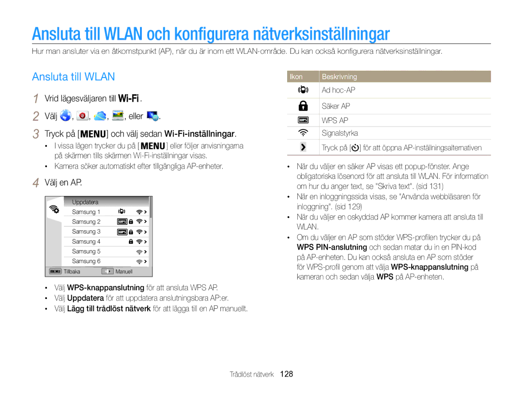 Samsung EC-WB850FBPBE2 manual Ansluta till Wlan och konfigurera nätverksinställningar, Välj en AP 