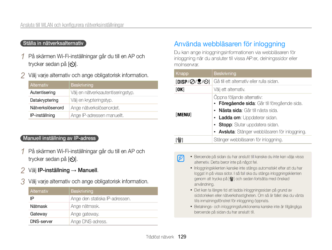 Samsung EC-WB850FBPBE2 manual Använda webbläsaren för inloggning, Ansluta till Wlan och konfigurera nätverksinställningar 