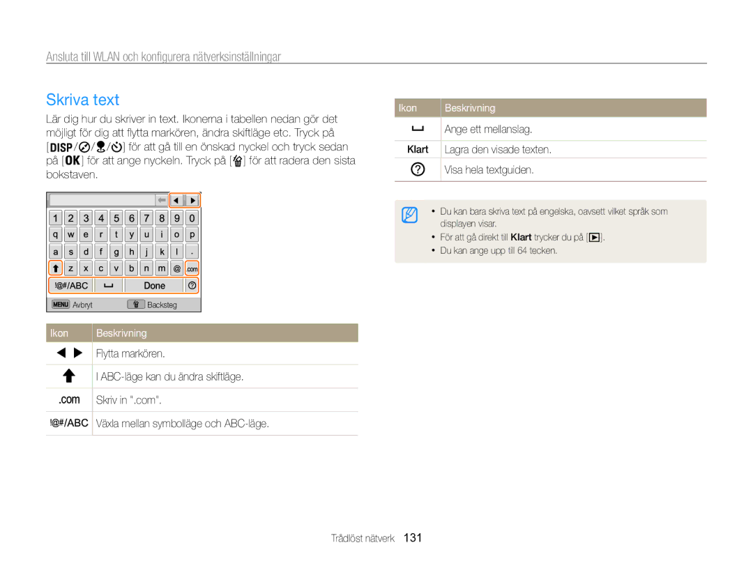 Samsung EC-WB850FBPBE2 manual Skriva text, Ange ett mellanslag, Klart Lagra den visade texten Visa hela textguiden 