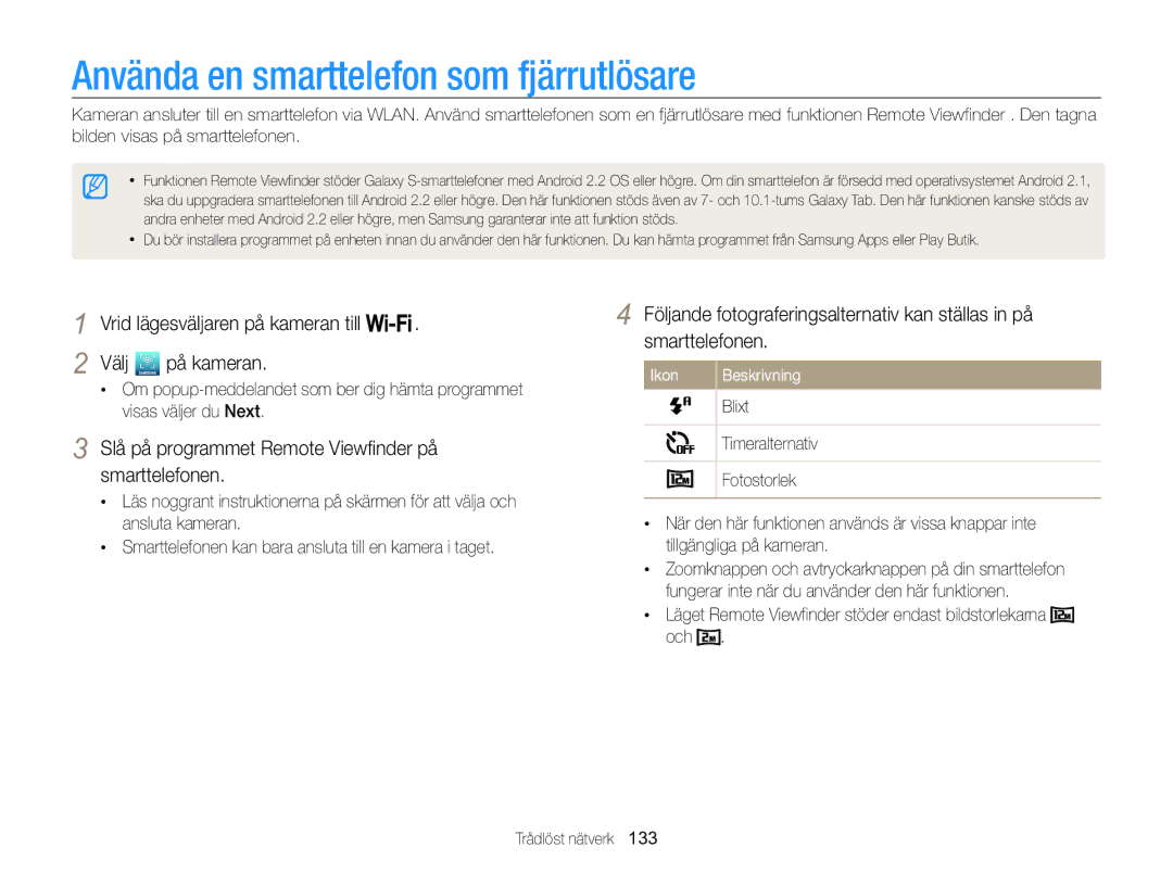 Samsung EC-WB850FBPBE2 Använda en smarttelefon som fjärrutlösare, Slå på programmet Remote Viewfinder på smarttelefonen 