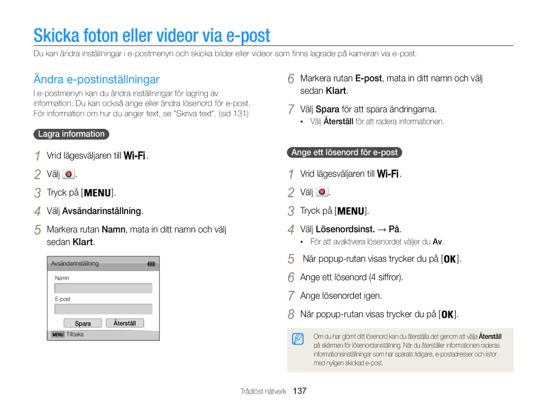 Samsung EC-WB850FBPBE2 manual Skicka foton eller videor via e-post, Ändra e-postinställningar, Sedan Klart 