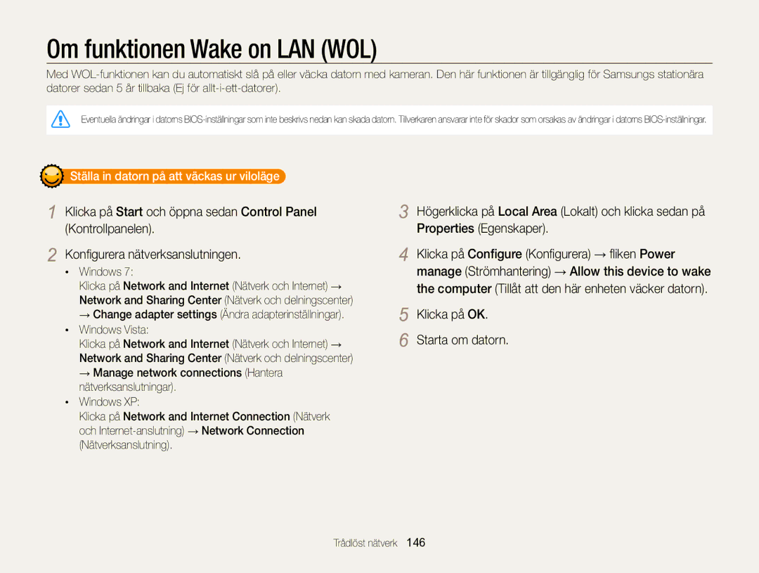 Samsung EC-WB850FBPBE2 manual Klicka på OK Starta om datorn, Ställa in datorn på att väckas ur viloläge, Windows Vista 