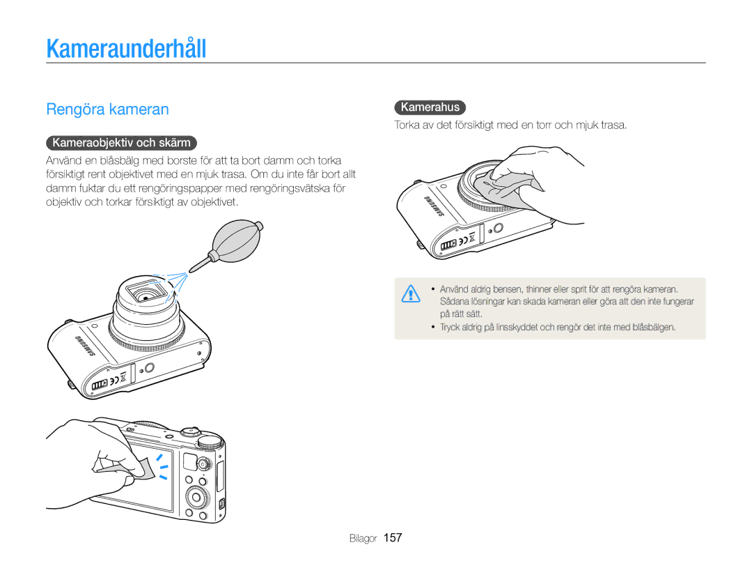 Samsung EC-WB850FBPBE2 manual Kameraunderhåll, Rengöra kameran, Kameraobjektiv och skärm , Kamerahus  