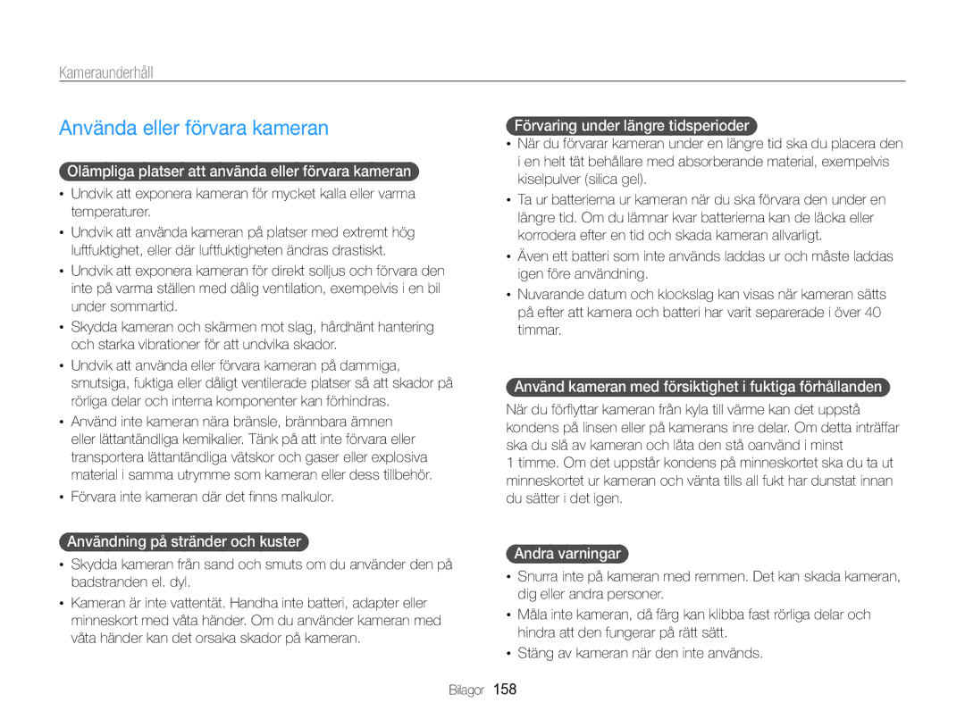 Samsung EC-WB850FBPBE2 manual Använda eller förvara kameran, Kameraunderhåll 