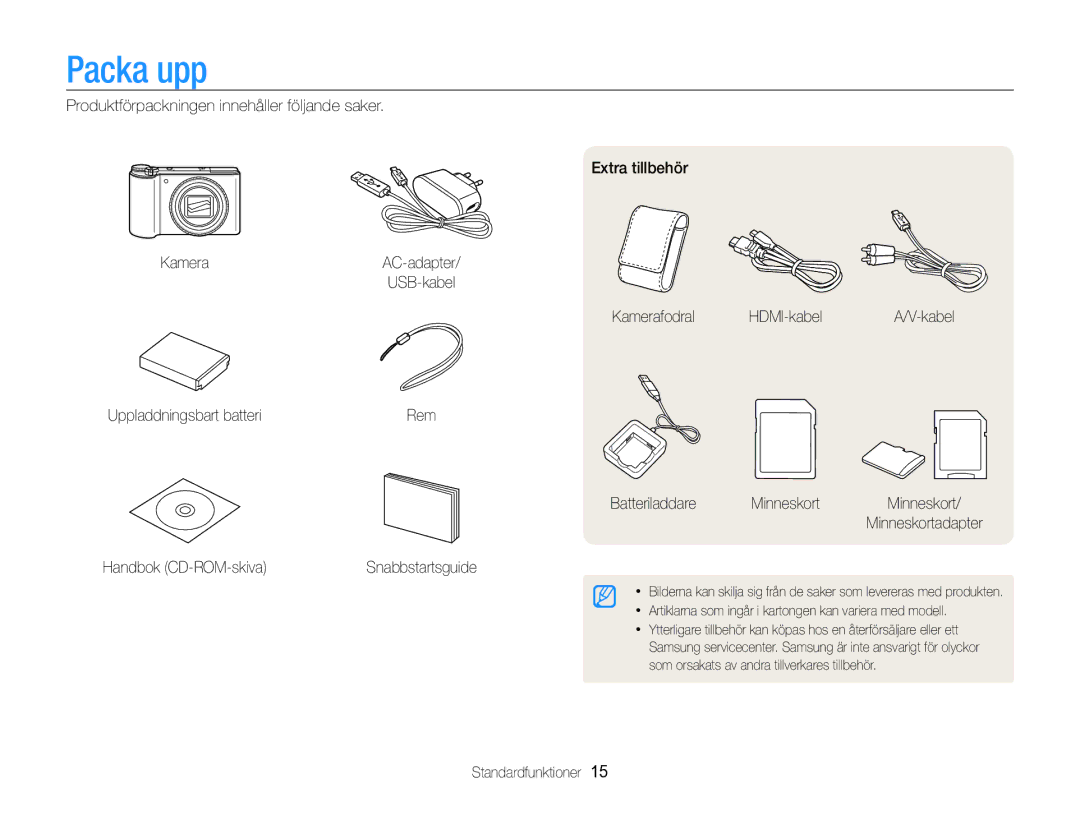 Samsung EC-WB850FBPBE2 manual Packa upp, Kamerafodral HDMI-kabel, Uppladdningsbart batteri, Standardfunktioner 