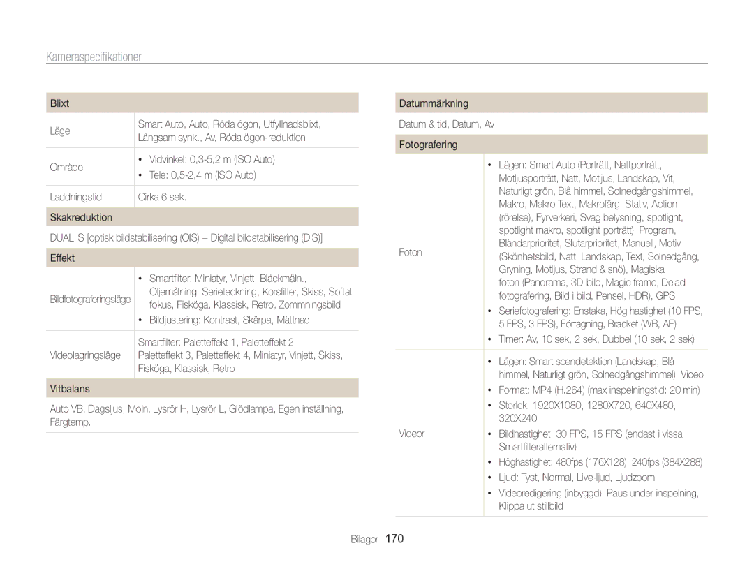 Samsung EC-WB850FBPBE2 manual Kameraspecifikationer 