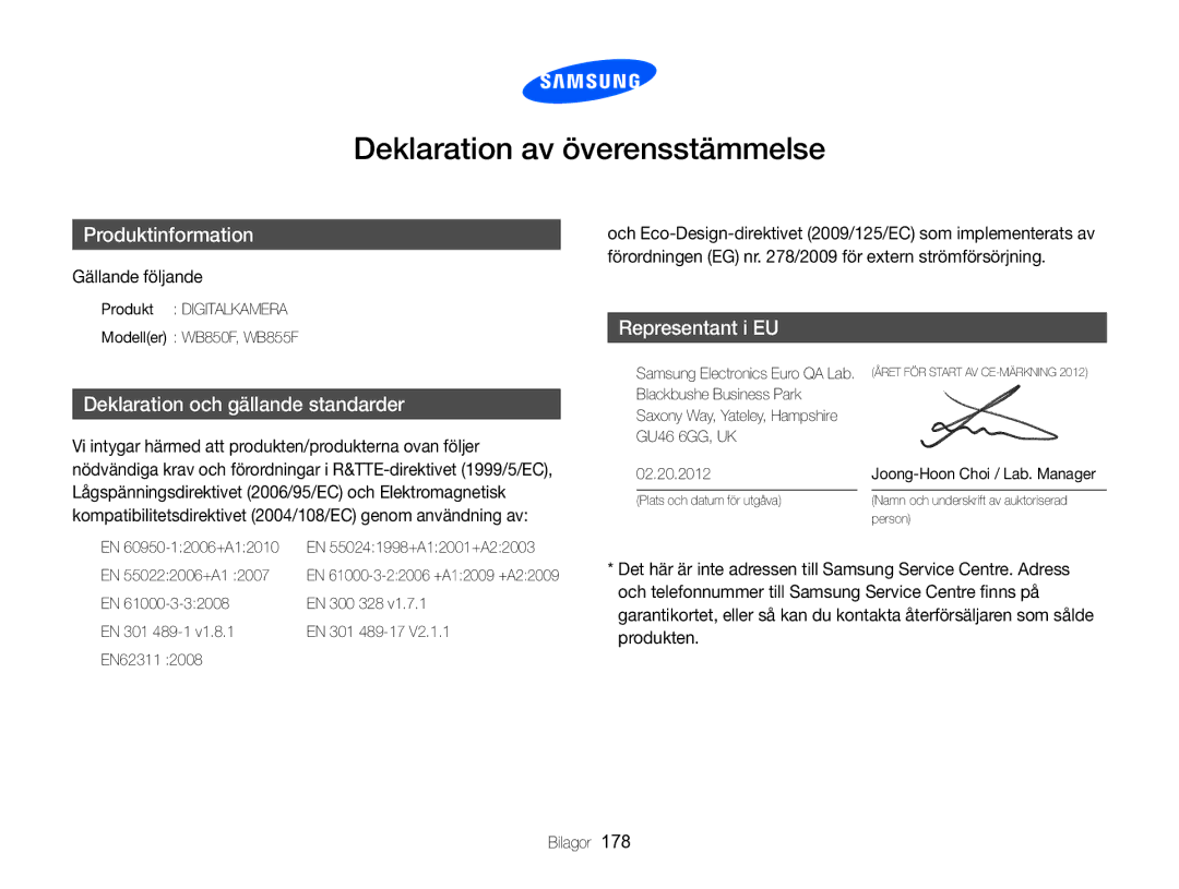 Samsung EC-WB850FBPBE2 manual Deklaration av överensstämmelse, Gällande följande 