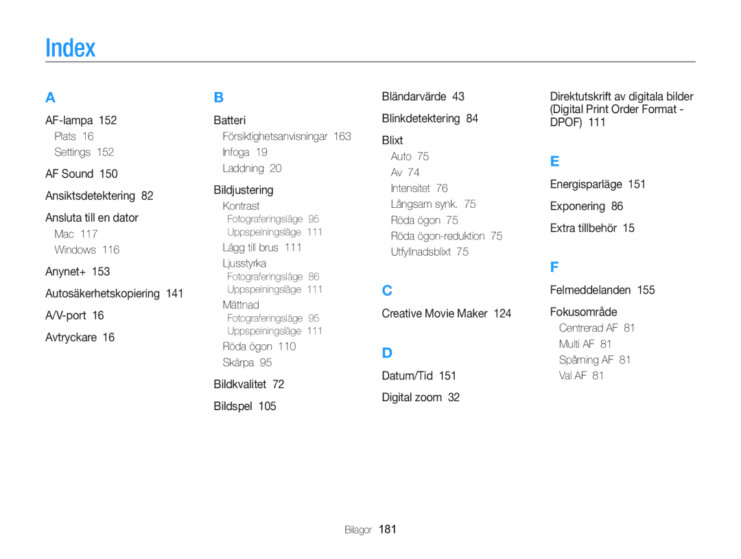 Samsung EC-WB850FBPBE2 manual Index 