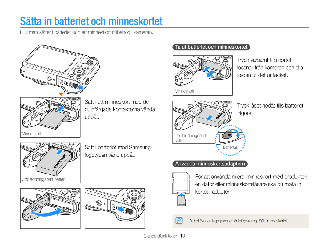 Samsung EC-WB850FBPBE2 manual Sätta in batteriet och minneskortet 