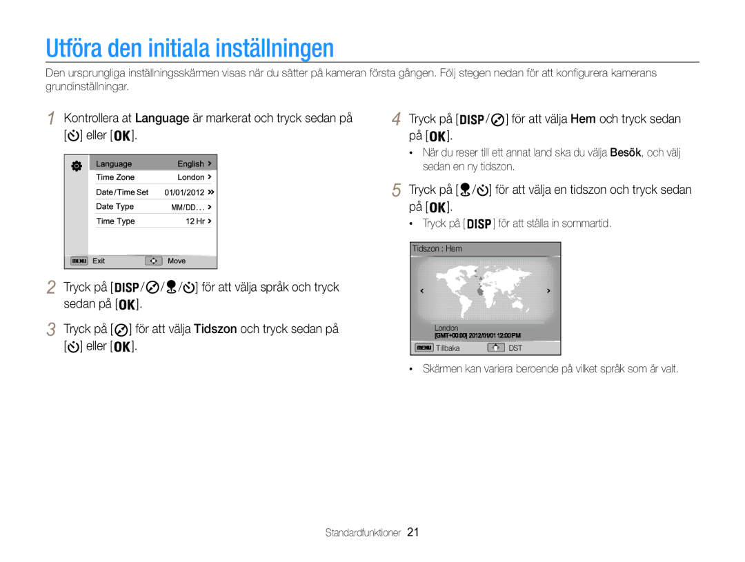 Samsung EC-WB850FBPBE2 manual Utföra den initiala inställningen, Tryck på för att välja Tidszon och tryck sedan på eller 