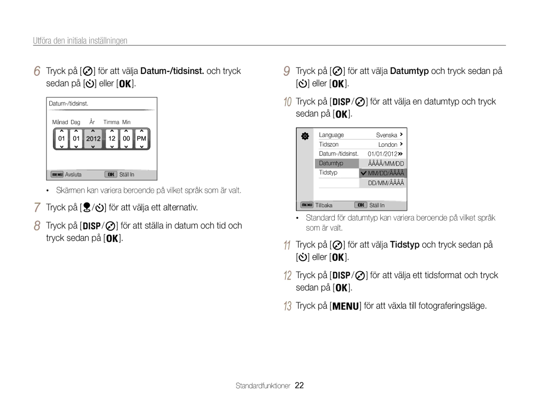 Samsung EC-WB850FBPBE2 manual Utföra den initiala inställningen, Tryck på För att välja ett alternativ, Tryck sedan på 