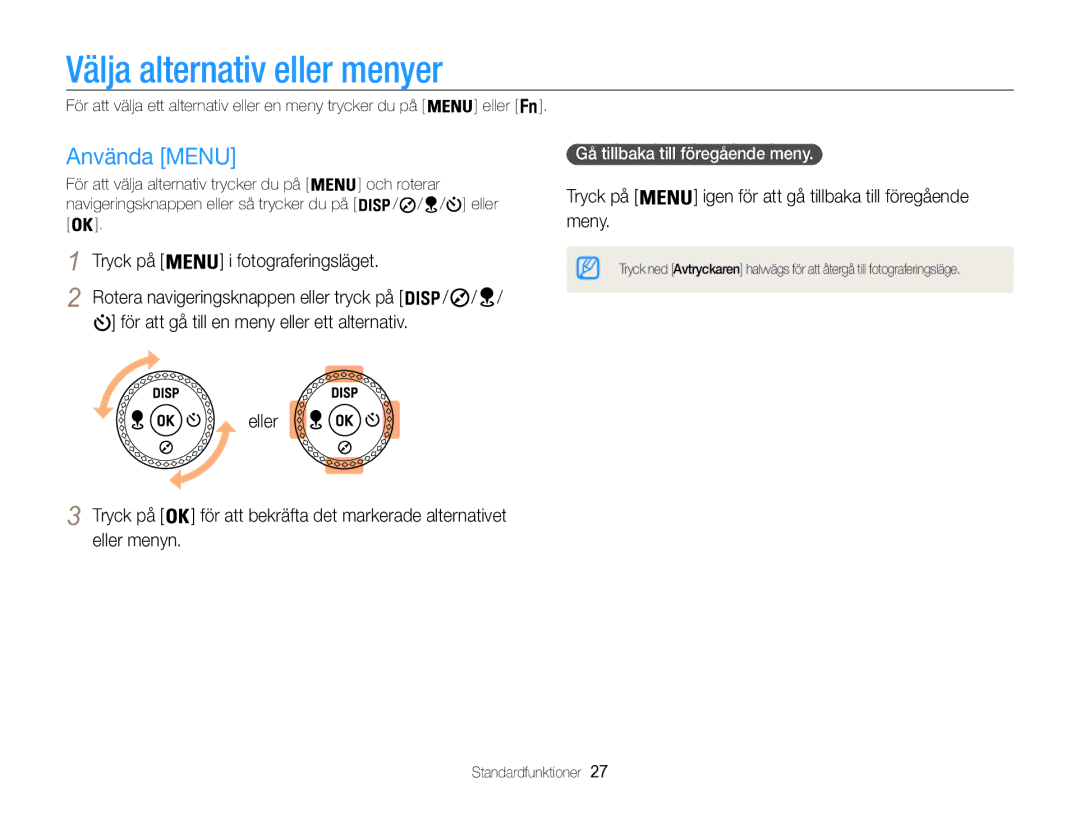 Samsung EC-WB850FBPBE2 manual Välja alternativ eller menyer, Använda Menu, Meny Tryck på i fotograferingsläget 