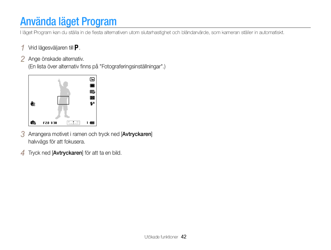 Samsung EC-WB850FBPBE2 manual Använda läget Program, Ange önskade alternativ 