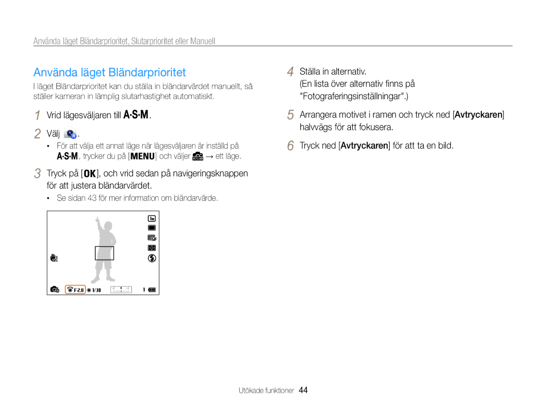 Samsung EC-WB850FBPBE2 manual Använda läget Bländarprioritet, Vrid lägesväljaren till Välj, Ställa in alternativ 