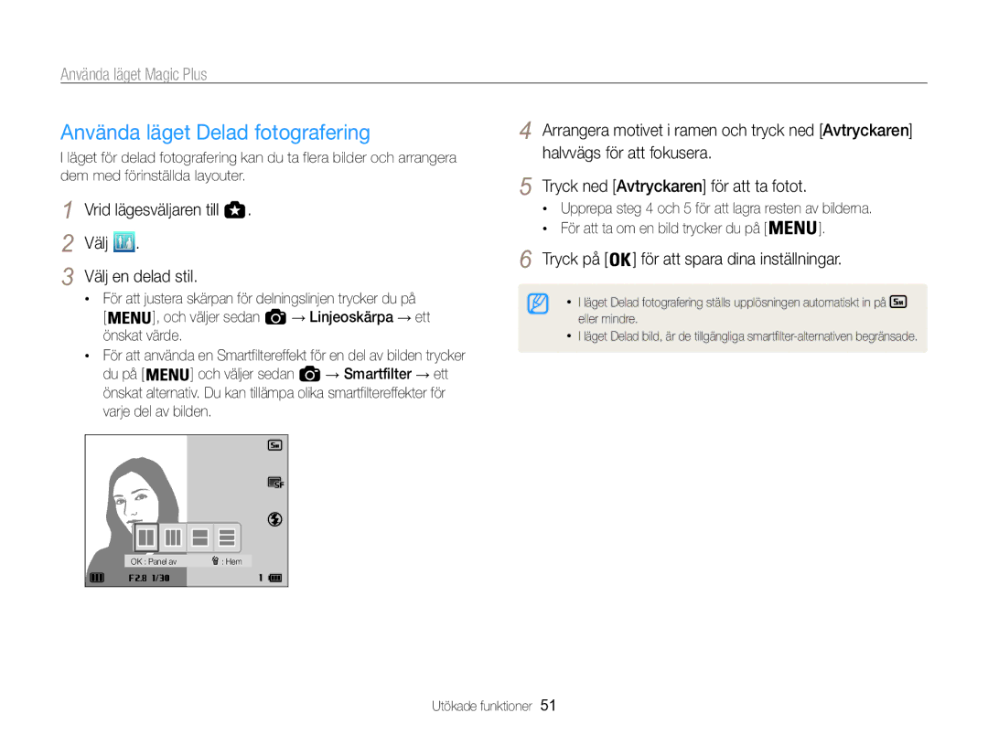 Samsung EC-WB850FBPBE2 manual Använda läget Delad fotografering, Välj Välj en delad stil 