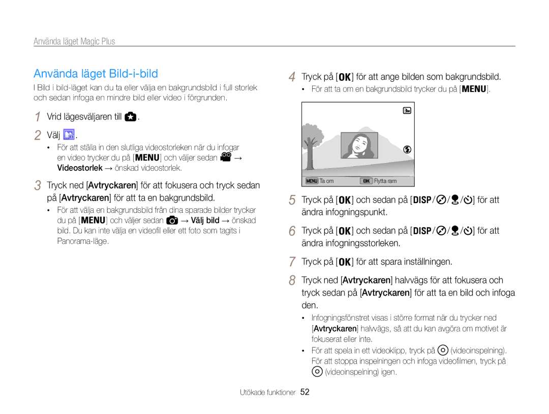 Samsung EC-WB850FBPBE2 Använda läget Bild-i-bild, Tryck på för att ange bilden som bakgrundsbild, Ändra infogningspunkt 