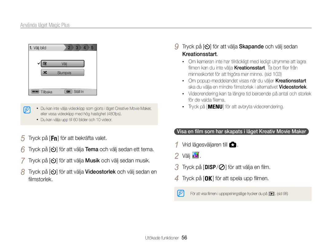 Samsung EC-WB850FBPBE2 manual Tryck på För att bekräfta valet, Filmstorlek, Välj Tryck på För att välja en film 