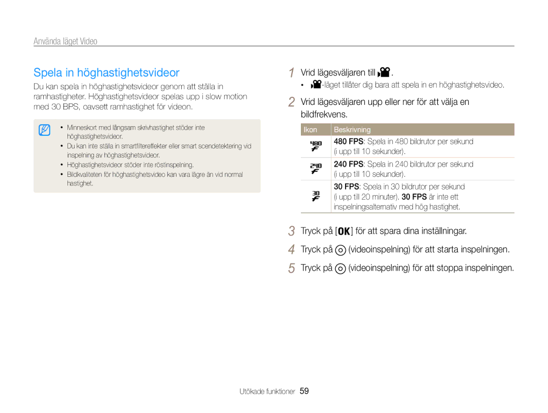 Samsung EC-WB850FBPBE2 manual Spela in höghastighetsvideor 