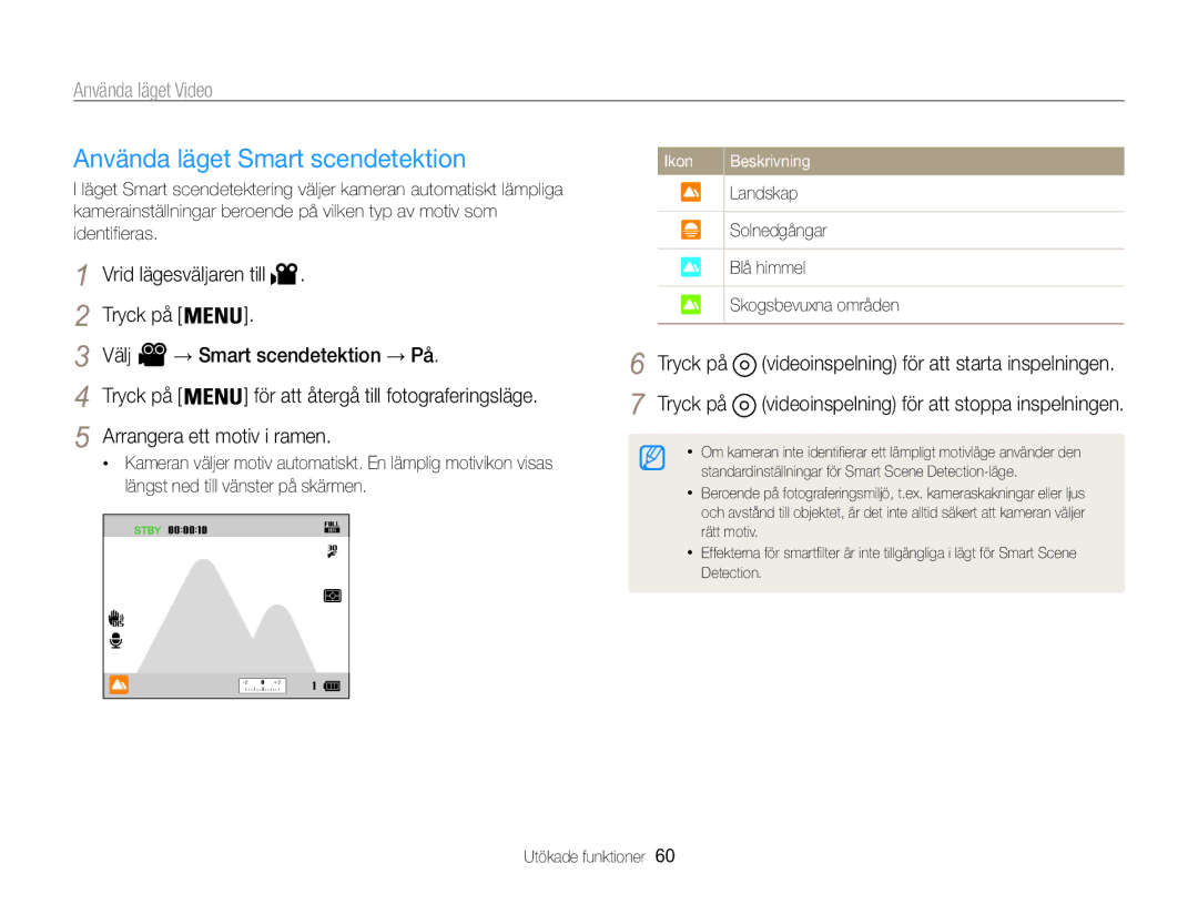 Samsung EC-WB850FBPBE2 manual Använda läget Smart scendetektion, Tryck på Välj, Arrangera ett motiv i ramen 