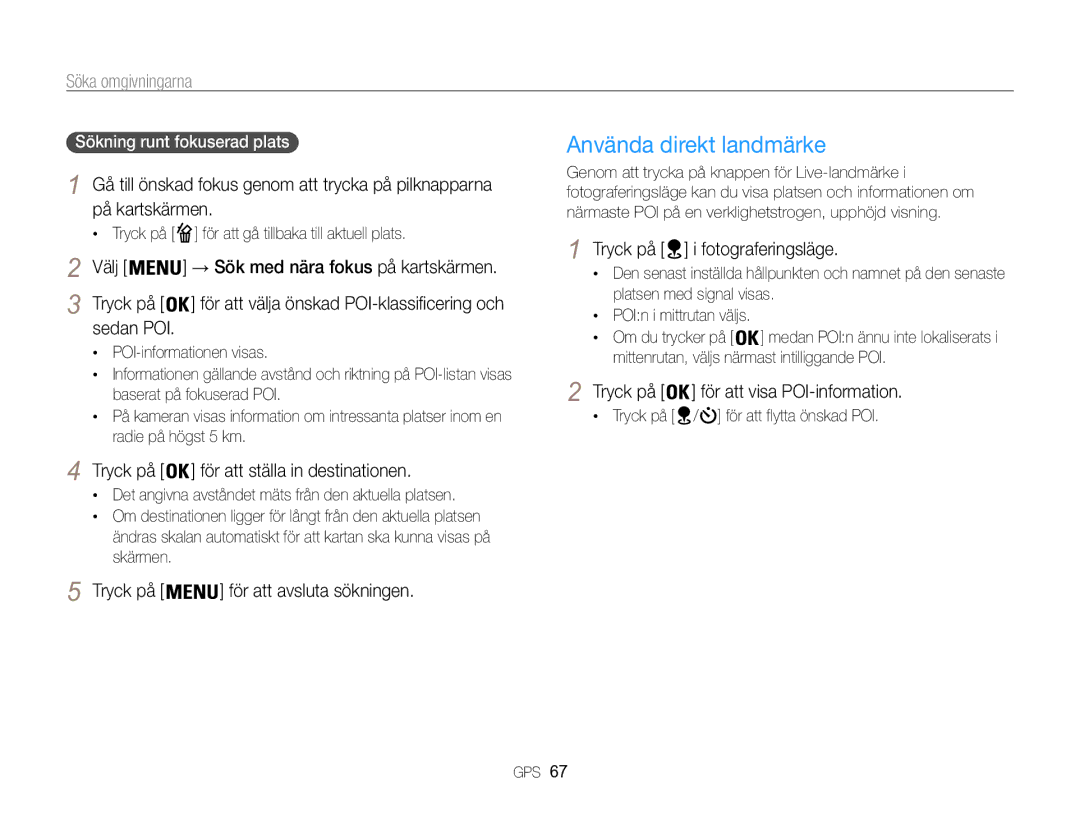 Samsung EC-WB850FBPBE2 manual Använda direkt landmärke, Söka omgivningarna, Tryck på i fotograferingsläge 