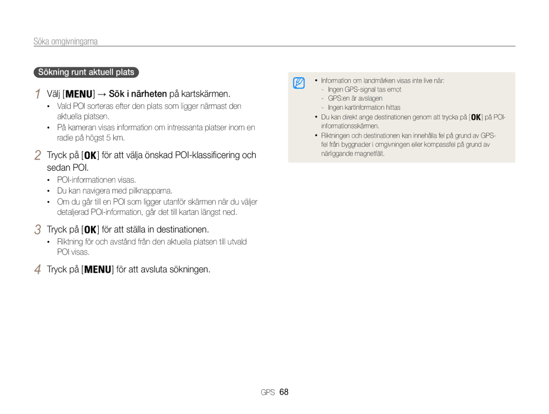 Samsung EC-WB850FBPBE2 manual Sökning runt aktuell plats, POI-informationen visas Du kan navigera med pilknapparna 