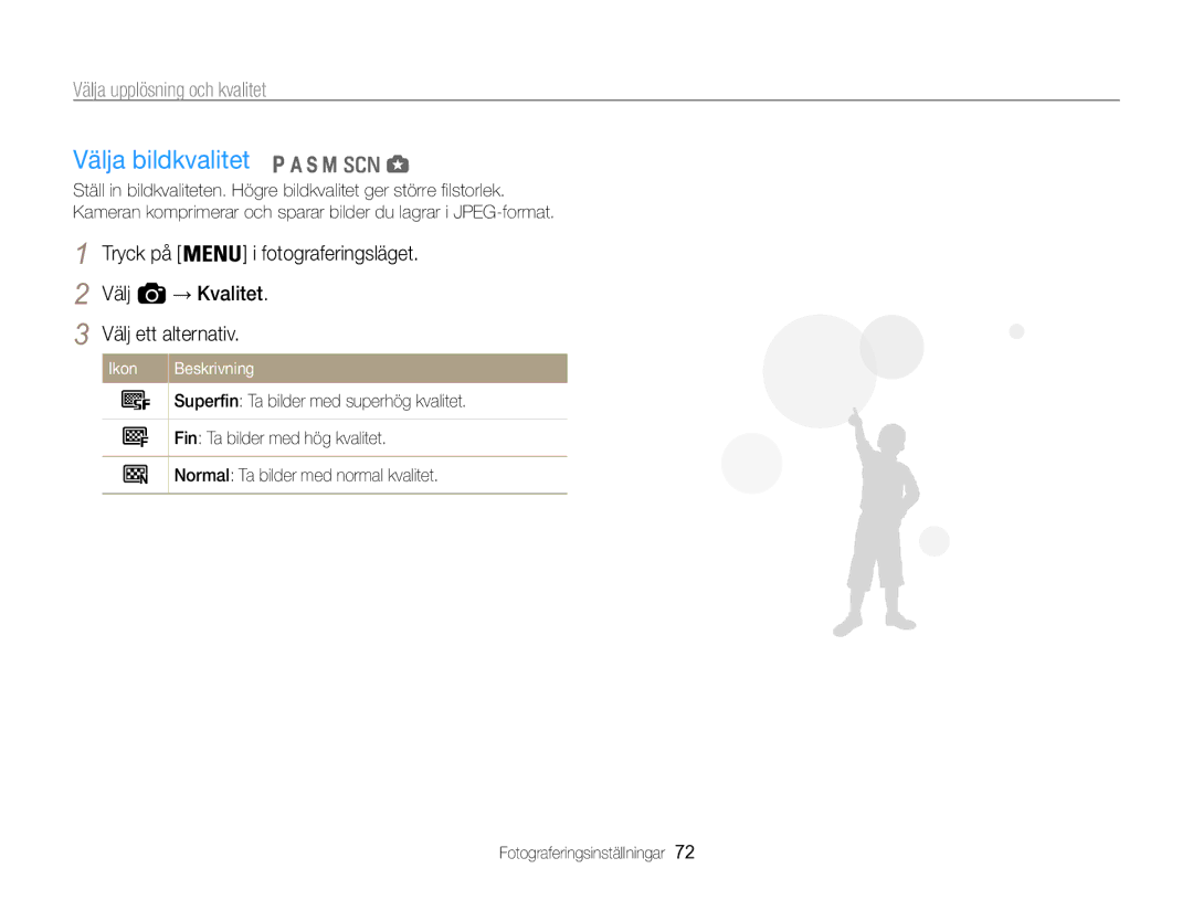 Samsung EC-WB850FBPBE2 manual Välja bildkvalitet, Välja upplösning och kvalitet 